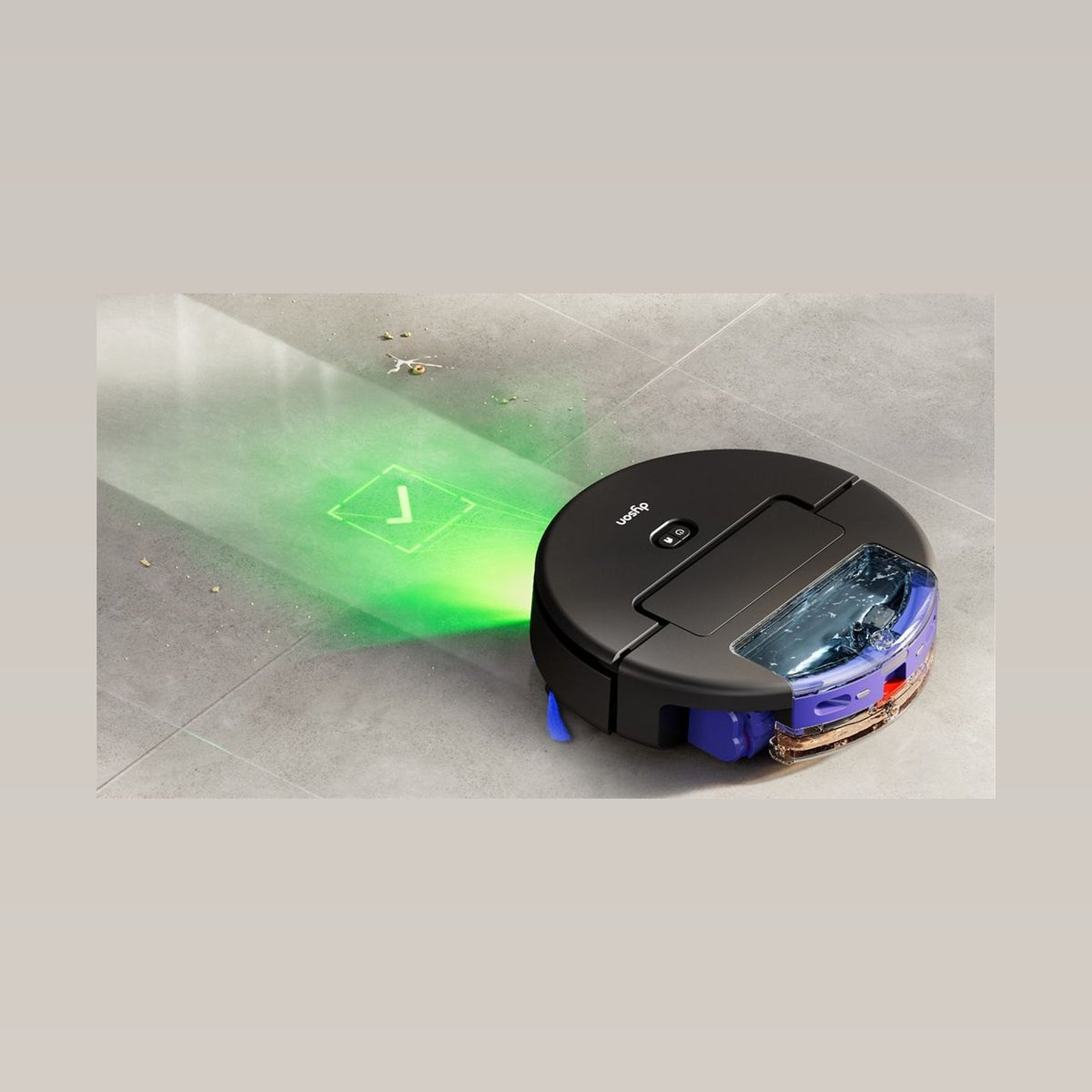 Dyson Spot+Scrub Ai Saugroboter mit grünem Lichtstrahl auf dem Boden