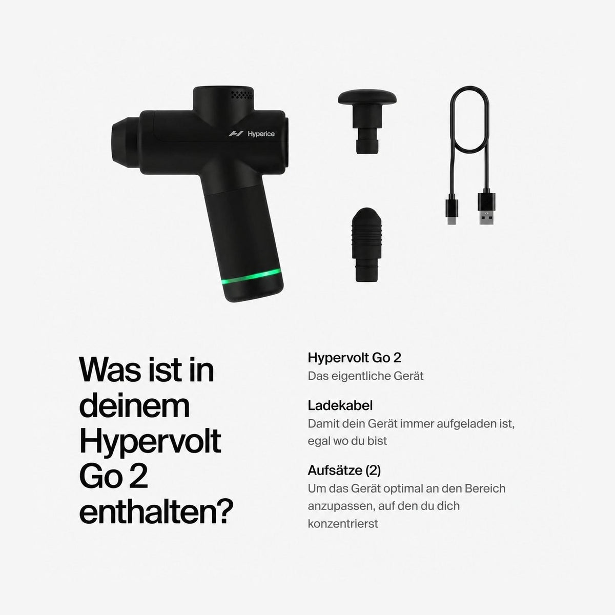 Hypervolt Go 2 mit Aufsätzen und Ladekabel