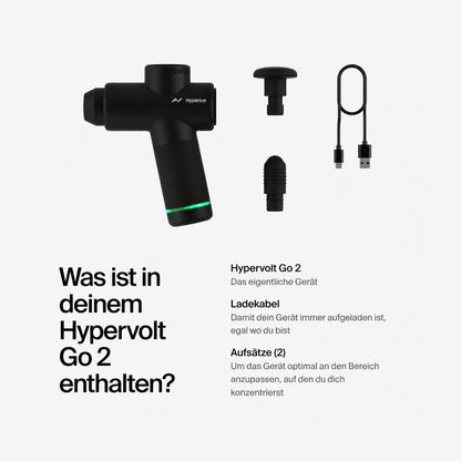 Hypervolt Go 2 mit Aufsätzen und Ladekabel