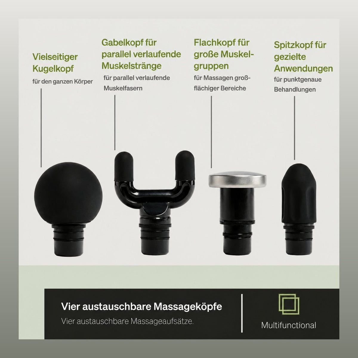 Die vier Massageaufsätze der Blackroll Faszienpistole