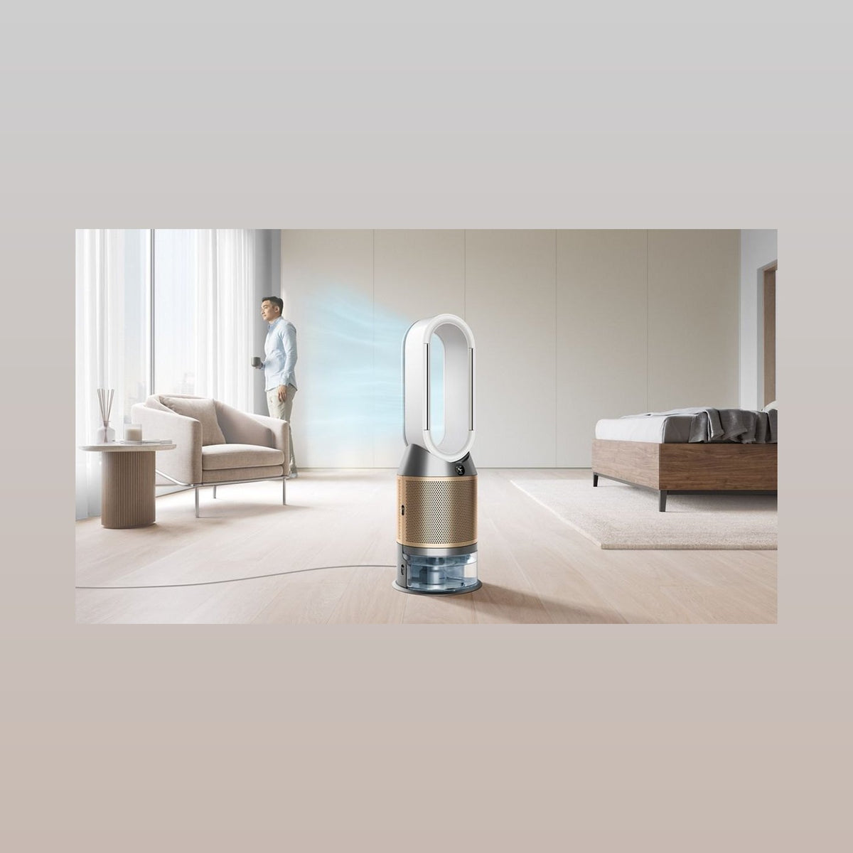 Dyson PH2 im Schlafzimmer mit sichtbarem Luftstrom