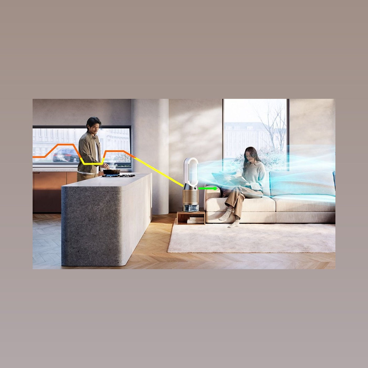 Dyson PH2 Luftreiniger neben einem Fernseher im Wohnraum