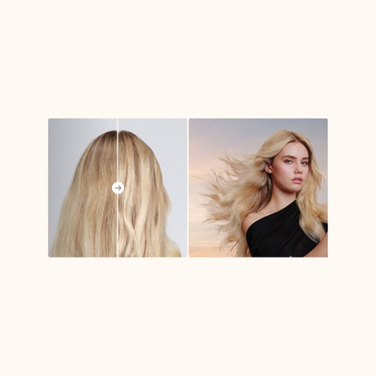 Blondes Haar vor und nach dem Föhnen