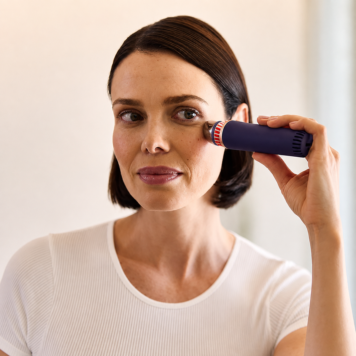 Anwendung des TheraFace Depuffing Wand am Wangenknochen unter dem Auge